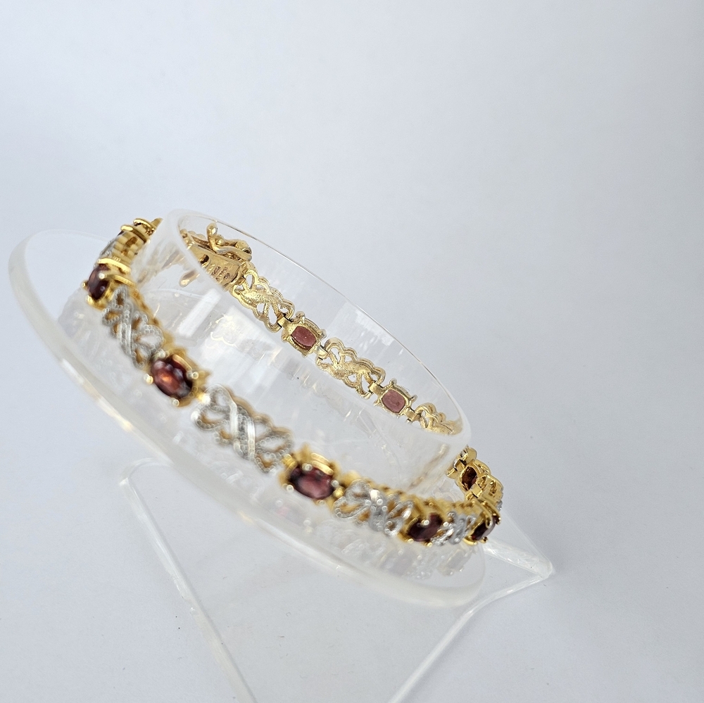 Beautiful Genuine Red Garnet & Diamond Tennis Bracelet 14K Vermeil. - Picture 2 of 6